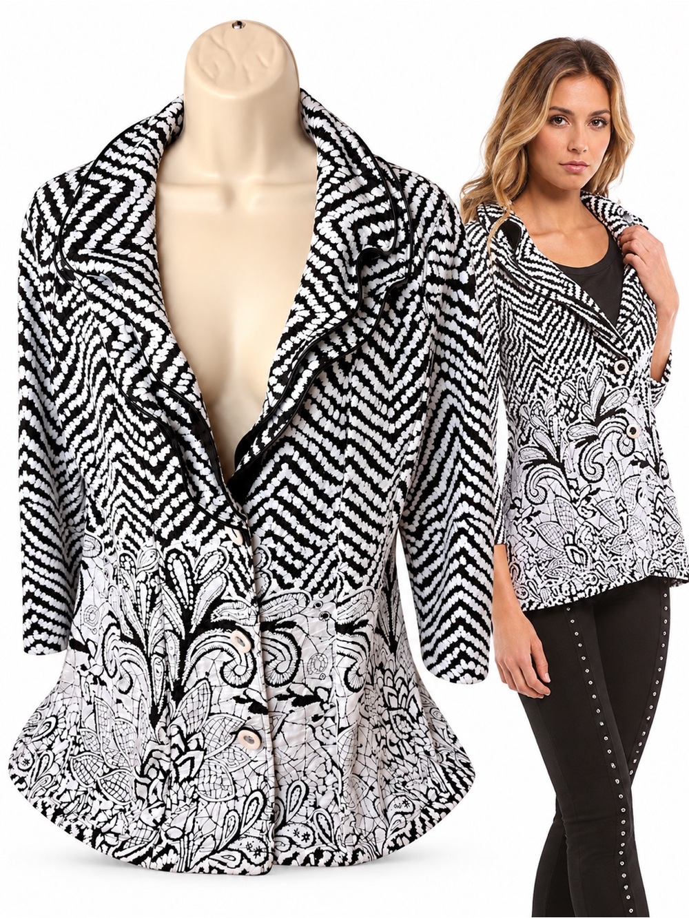Ali Miles L Black White Chevron Floral Ruffle Collar Art to Wear Jacket